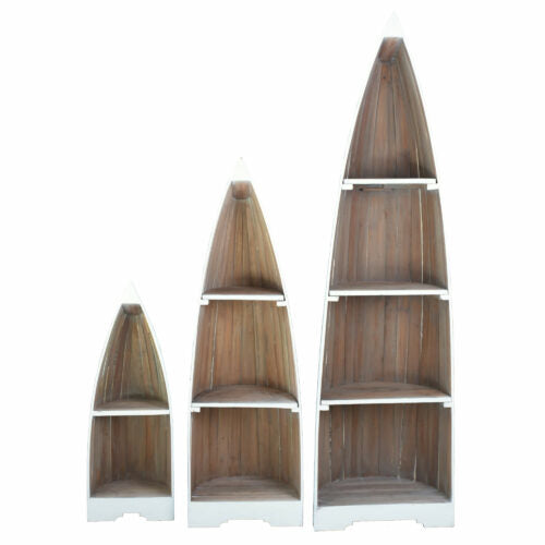 three whitewashed and driftwood cottage boat shelves tiered sizes - lined up front view