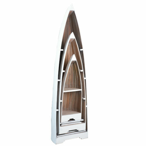 three whitewashed and driftwood cottage boat shelves tiered sizes - staked inside each other