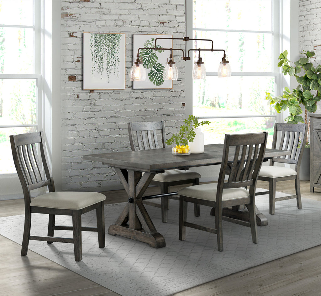 trestle dining table, four dining chairs - showroom photo