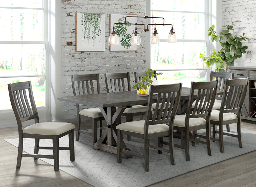 trestle dining table, eight dining chairs - showroom photo