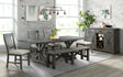 trestle dining table, four dining chairs, dining bench and server cabinet - showroom photo