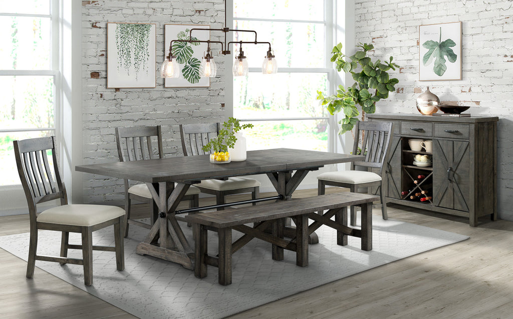 trestle dining table, four dining chairs, dining bench and server cabinet - showroom photo