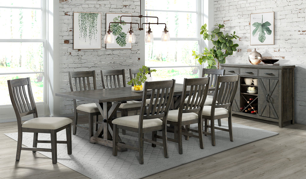 trestle dining table, eight dining chairs and server cabinet - showroom photo