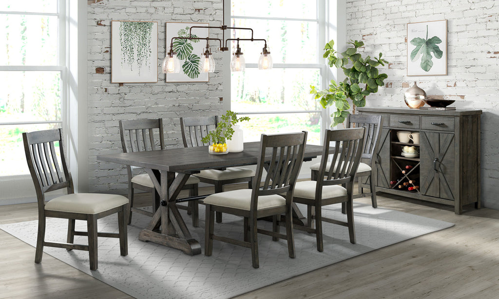 trestle dining table, six dining chairs and server cabinet - showroom photo