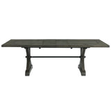 dark gray brown wood trestle dining table - two extensions - front view