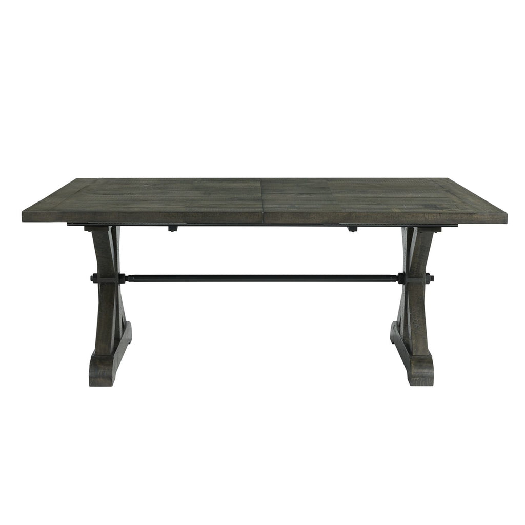 dark gray brown wood trestle dining table - no extensions - front view