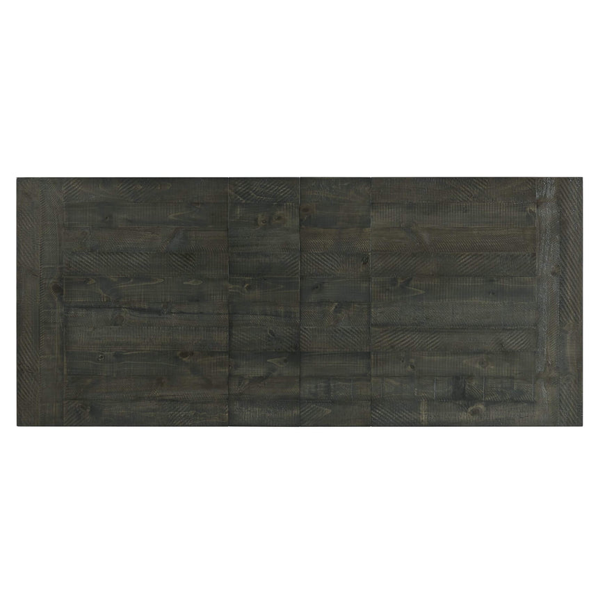 dark gray brown wood trestle dining table - two extensions - top view