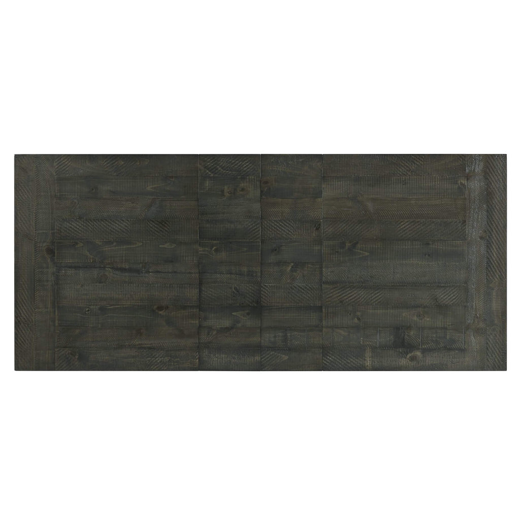 dark gray brown wood trestle dining table - two extensions - top view