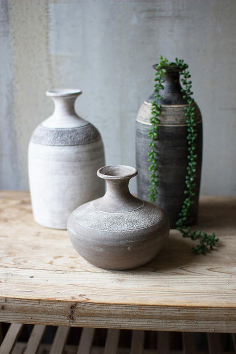 set of 3 white gray and black clay vases