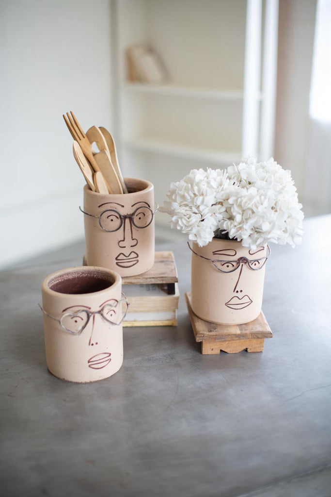 set of 3 mug shaped clay faced planters
