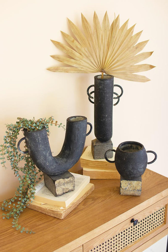 set of 3 modern black vases three different multiple shapes - front right view