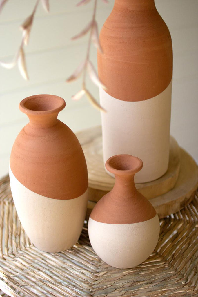 set of 3 ivory dipped clay vases of different sizes and shapes - zoomed front right view