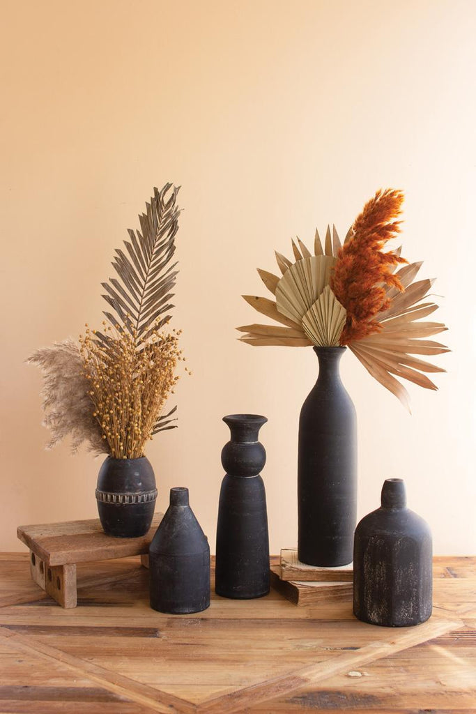 set of 5 black clay vases of varying shapes & sizes - shown with dried plants