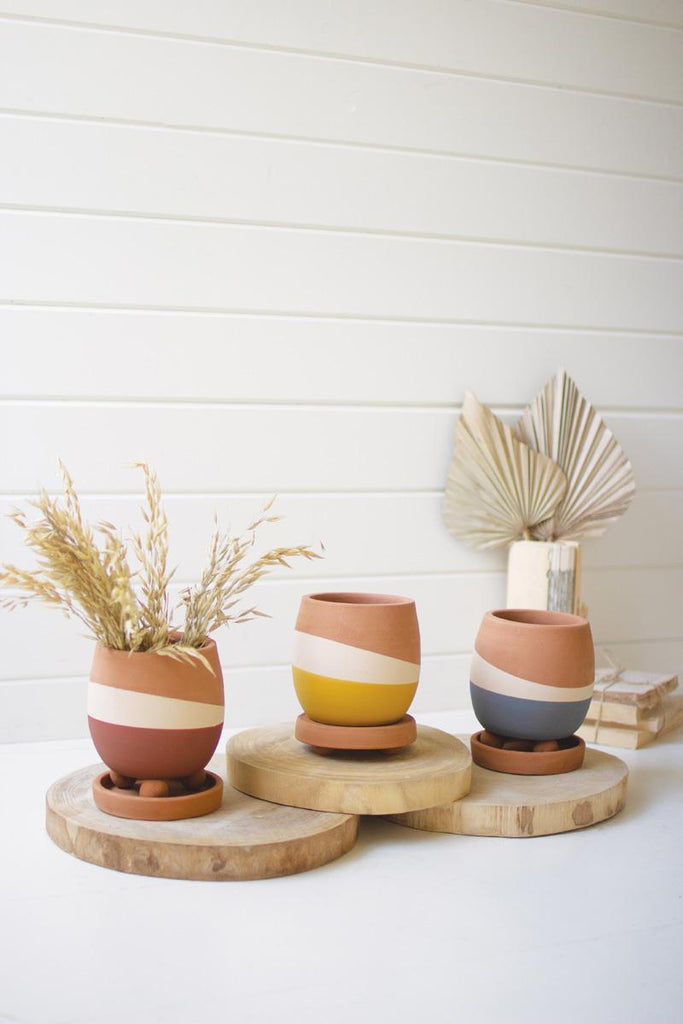 set of 3 multi-colored clay mini planters with trays