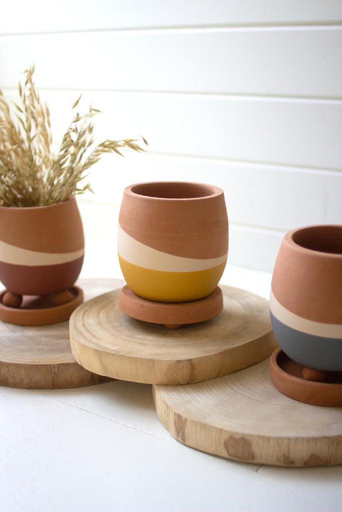 set of 3 multi-colored clay mini planters with trays - close-up view
