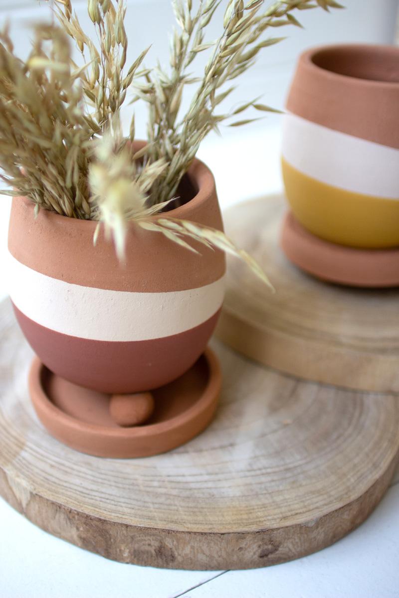 multi-colored clay mini planter with trays - zoomed in