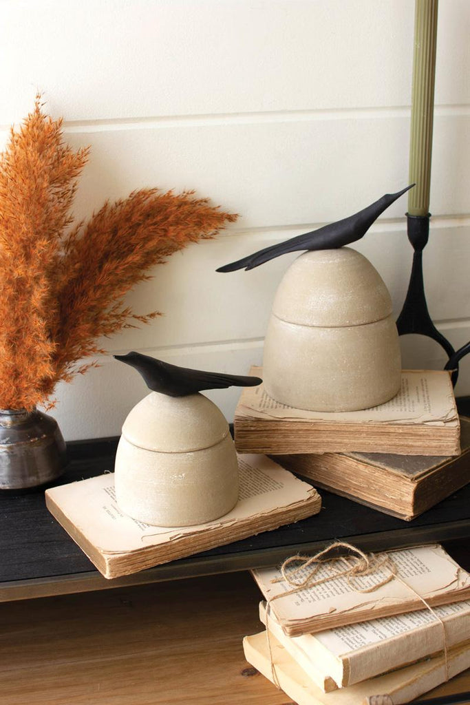 set of 2 clay canisters with wooden bird handles