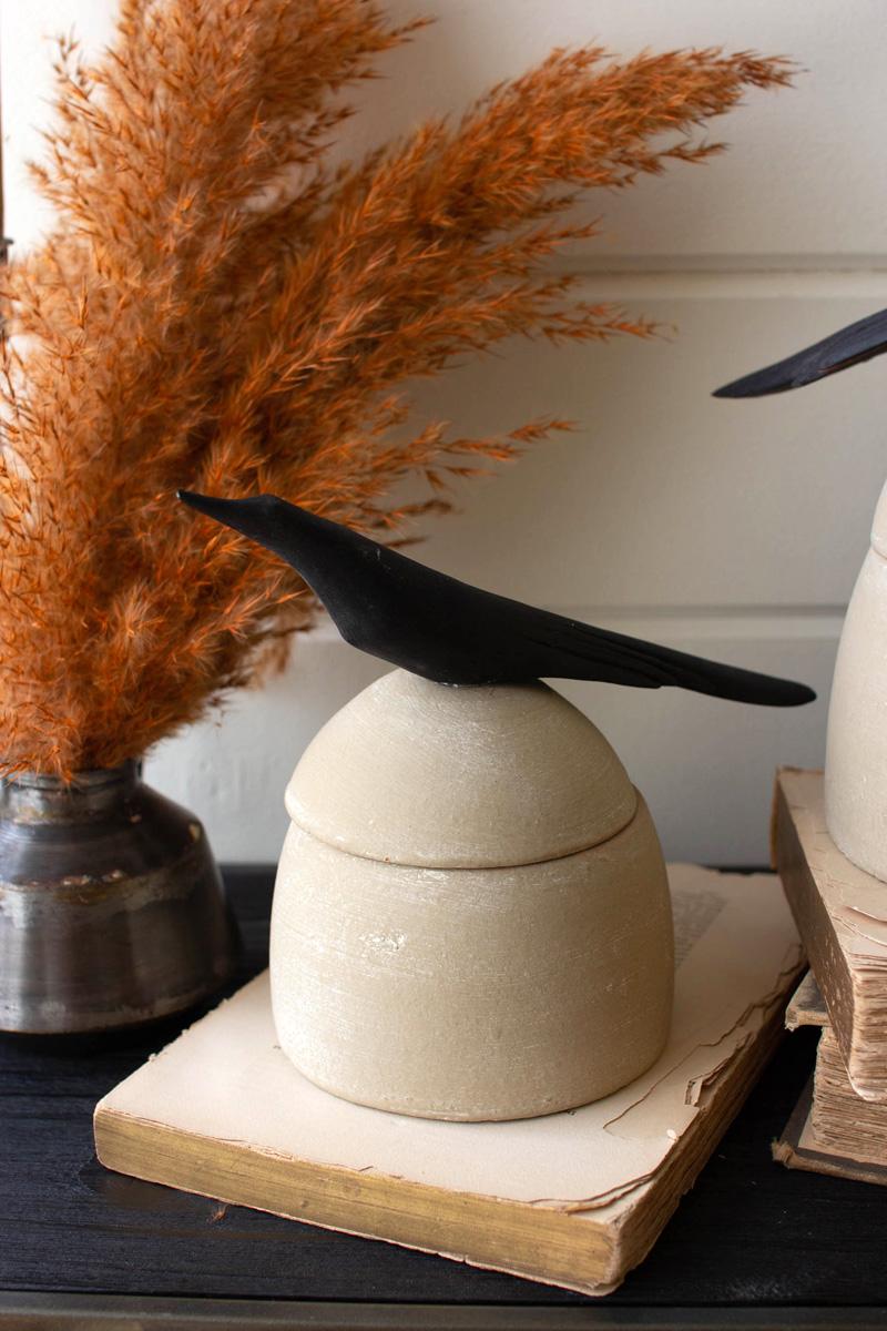 set of 2 clay canister with wooden bird handle - zoomed in from front left