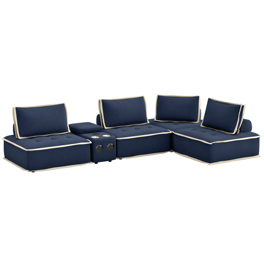 navy blue with cream trim 5 Piece Deep Ocean Media Lounge Sectional Couch with media console