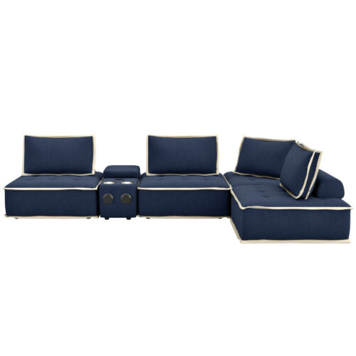 navy blue with cream trim 5 Piece Deep Ocean Media Lounge Sectional Couch - side view