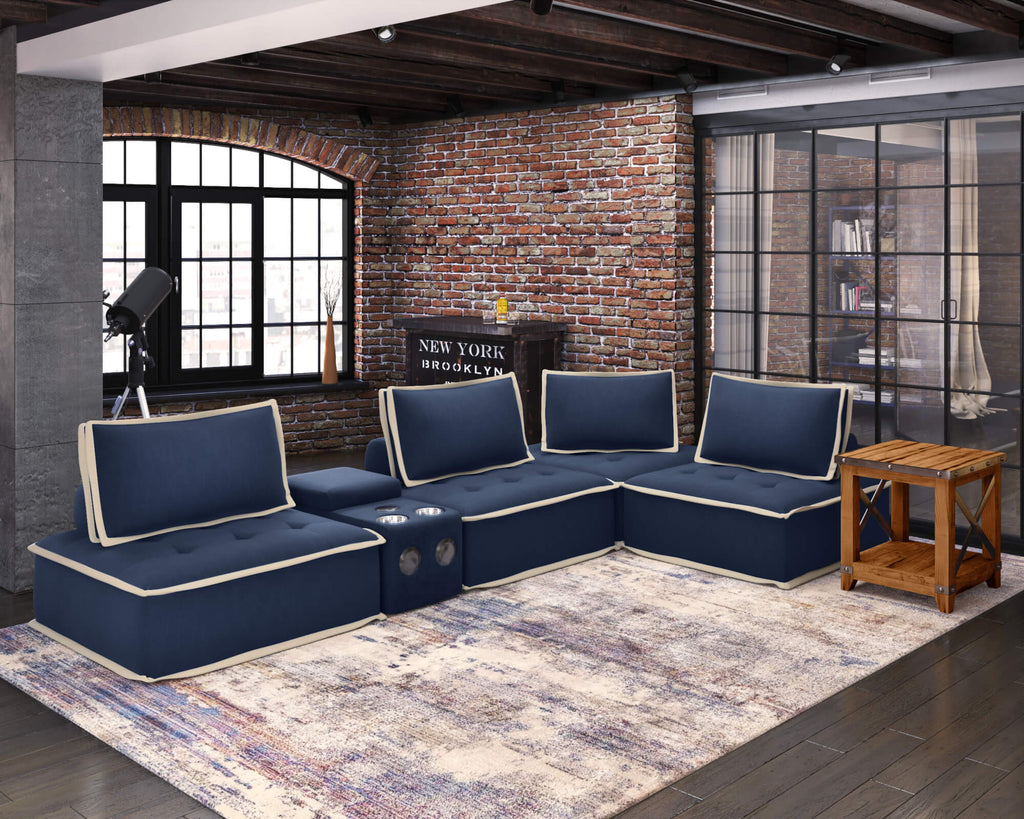 navy blue 5 Piece Deep Ocean Media Lounge Sectional Couch with media console - model setting