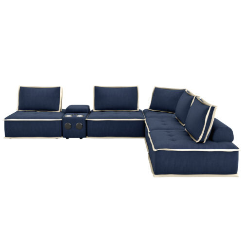 navy blue with cream trim 6 Piece Deep Ocean Media Lounge Sectional Couch with media console - side view