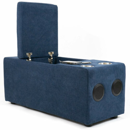 Deep Ocean speaker console with cup holders and storage open - front right view