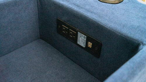 Deep Ocean speaker console and storage - showing 2x 110V outlet