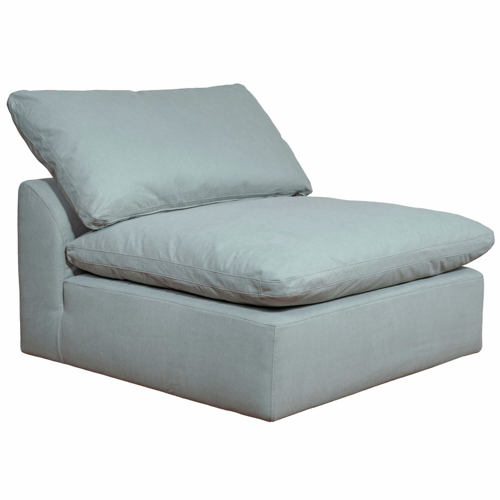 light blue armless chair slipcover sofa section - front right view