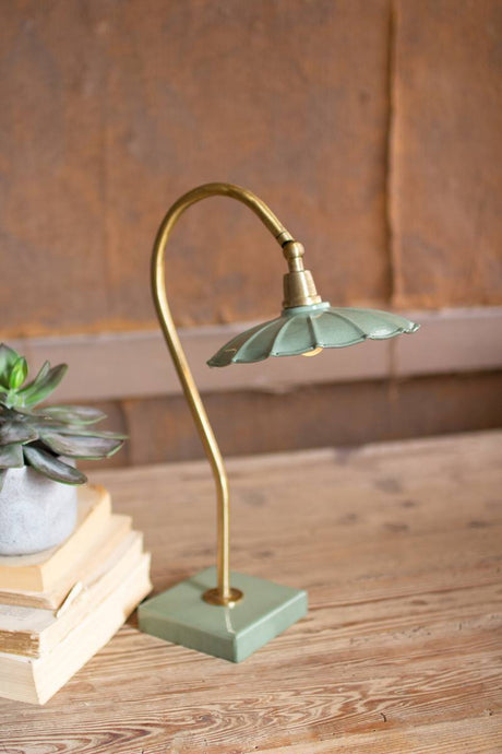 antique brass goose neck table lamp with enamel base and shade