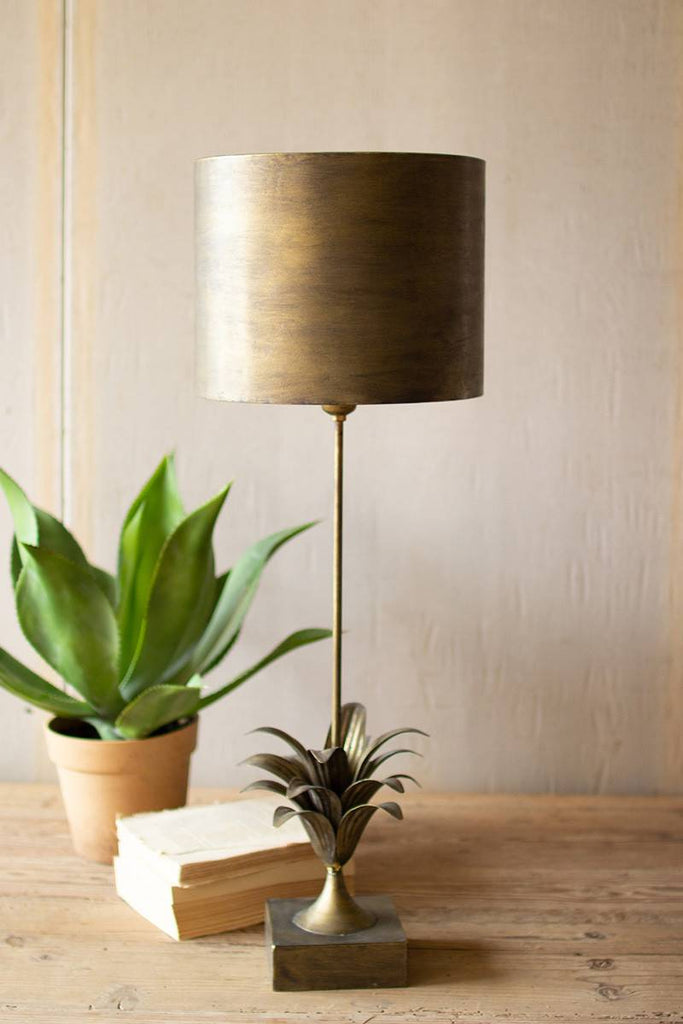 antique gold metal table lamp with leaf accent