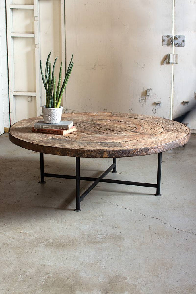 wooden wagon wheel coffee table with iron legs