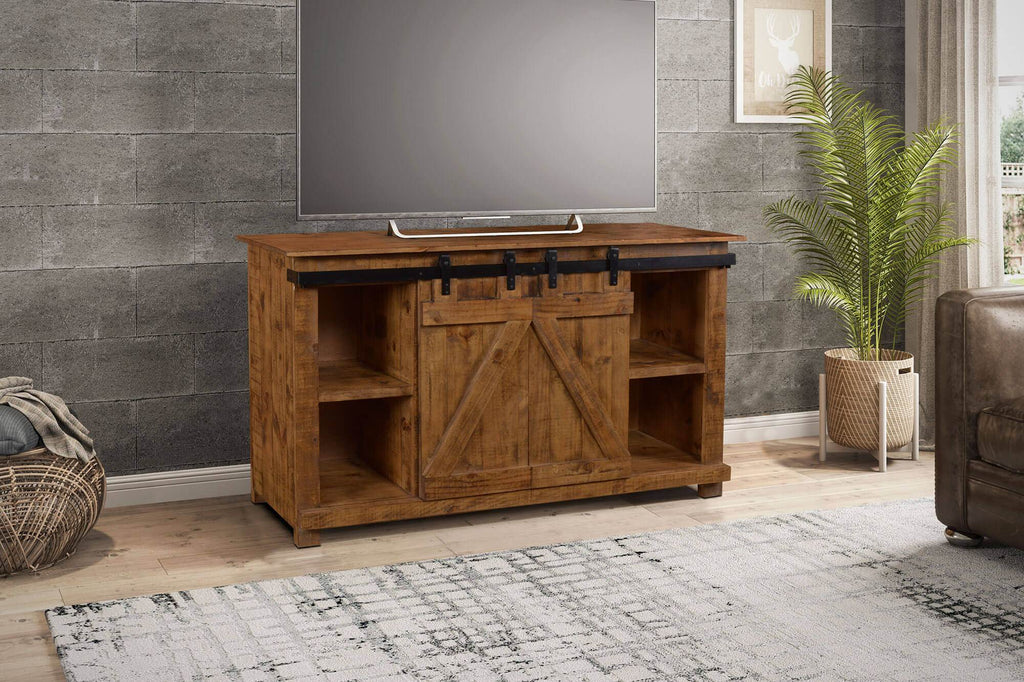 rustic brown barn door console cabinet in living room with tv on top