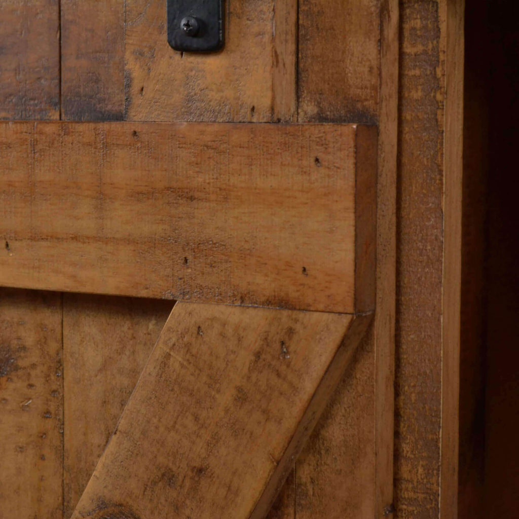 rustic brown barn door console cabinet - z reinforcement close-up