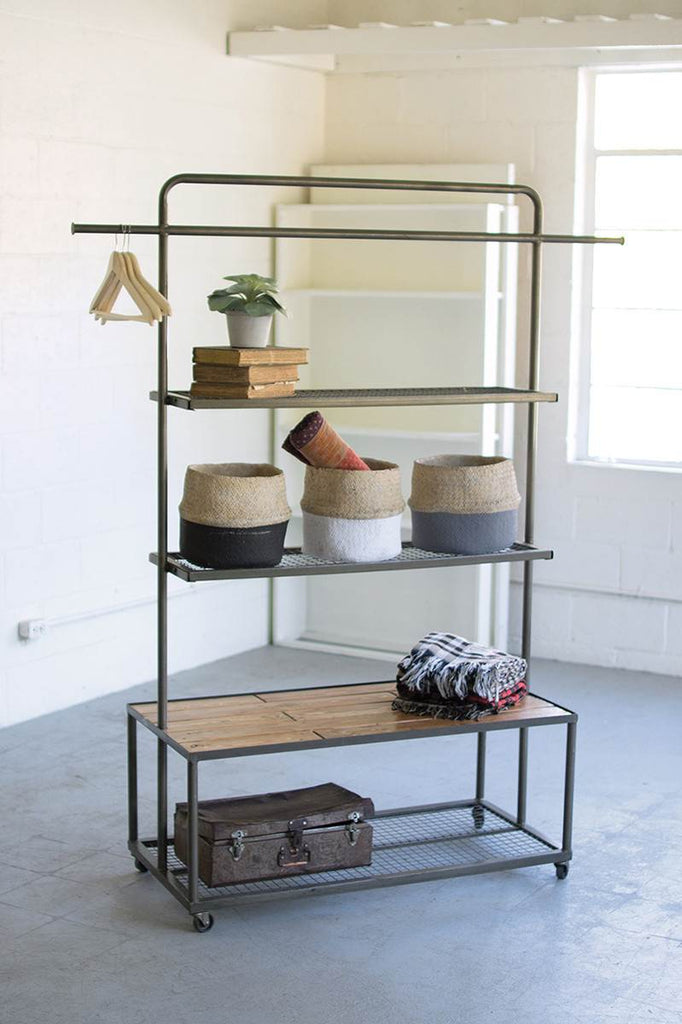 Industrial style diplay unit with mesh bottom shelf