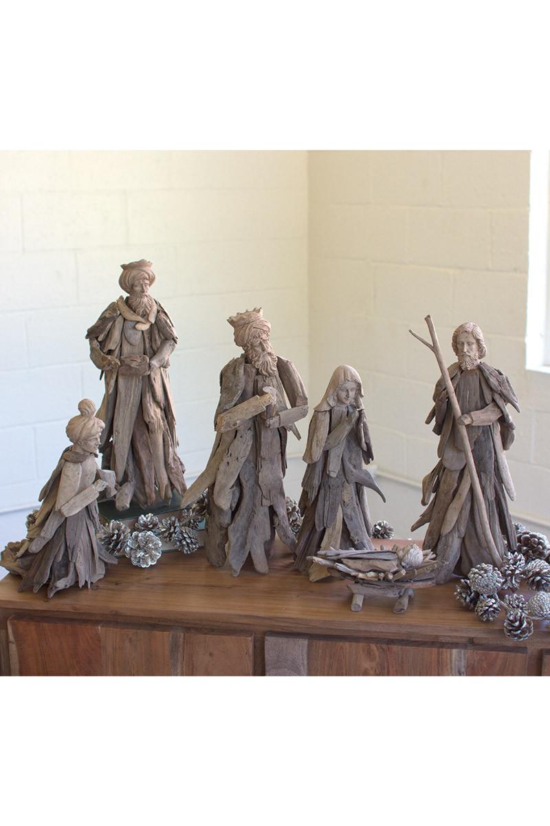 heart-felt nativity scene made from driftwood