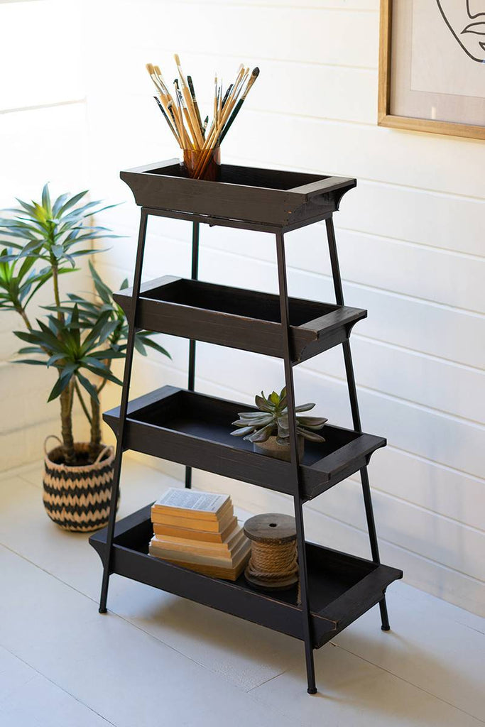 tiered wood and iron display of four shelves