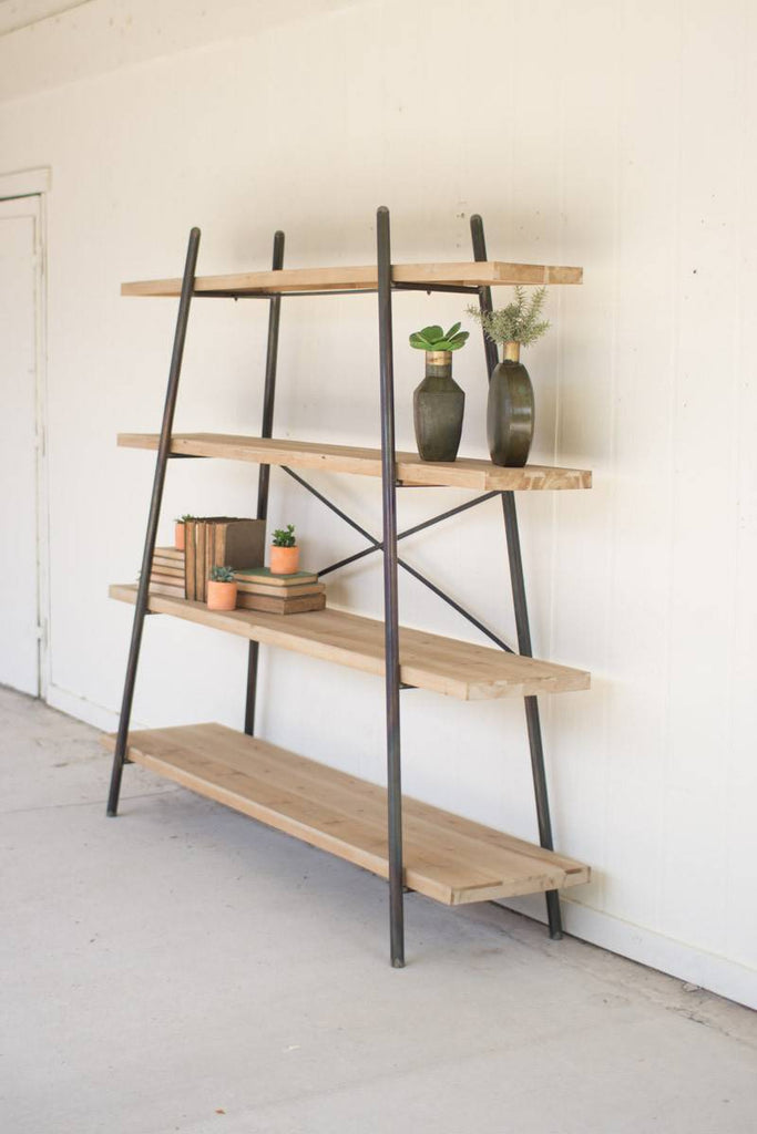 four tiered wooden shelves on metal structure