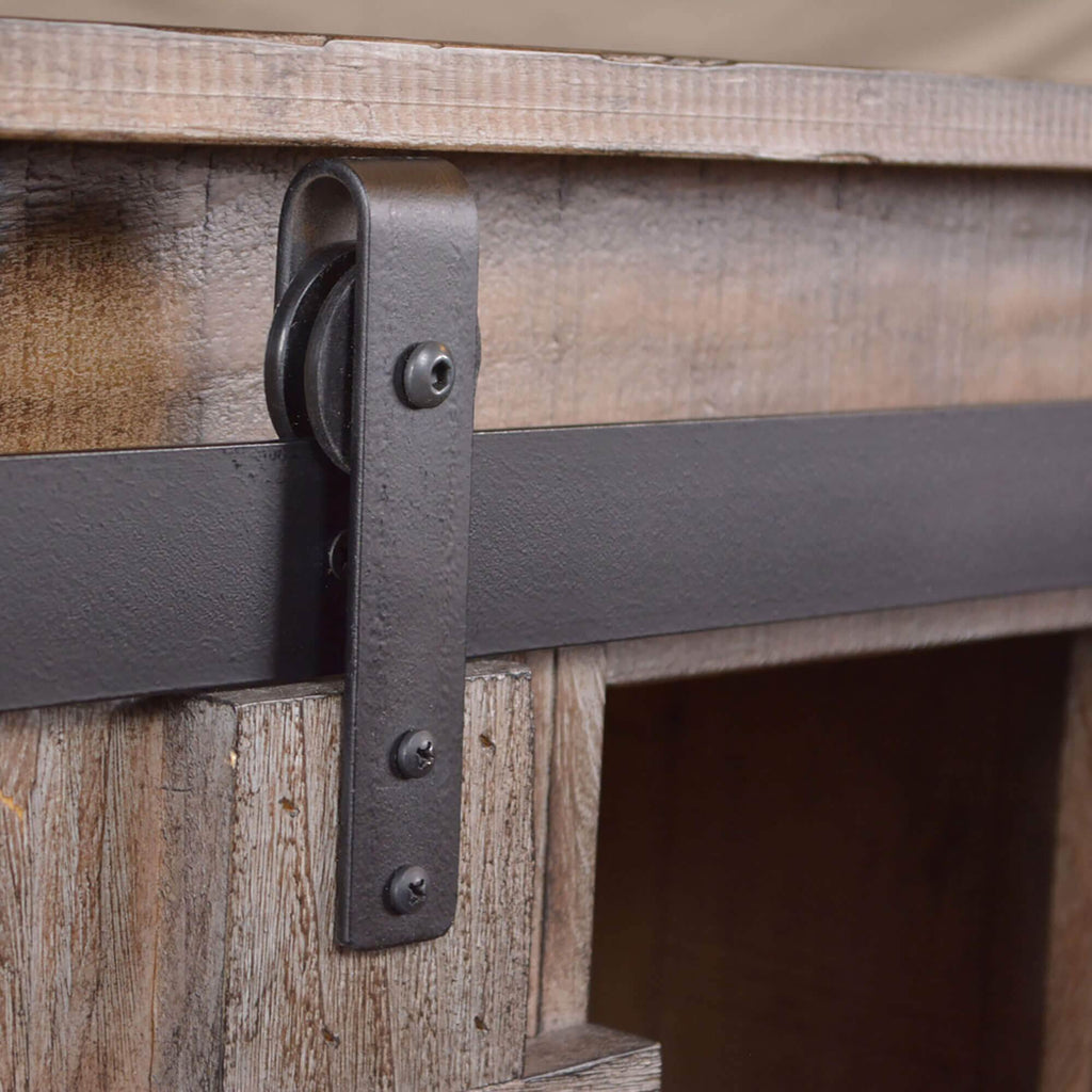barn door console cabinet - door guide close-up