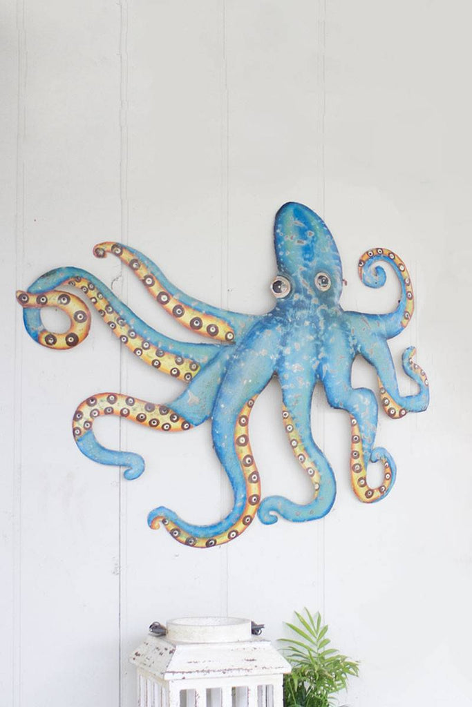 hammered metal blue octopus orange yellow tentacles wall hanging