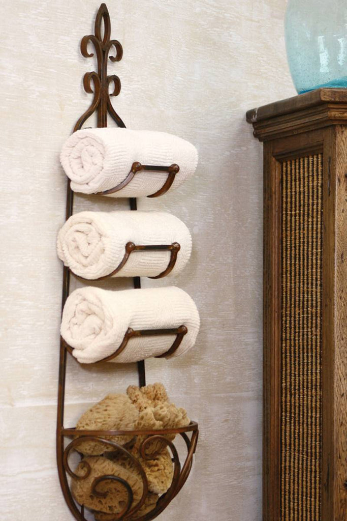 ornate hanging towel rack with basket