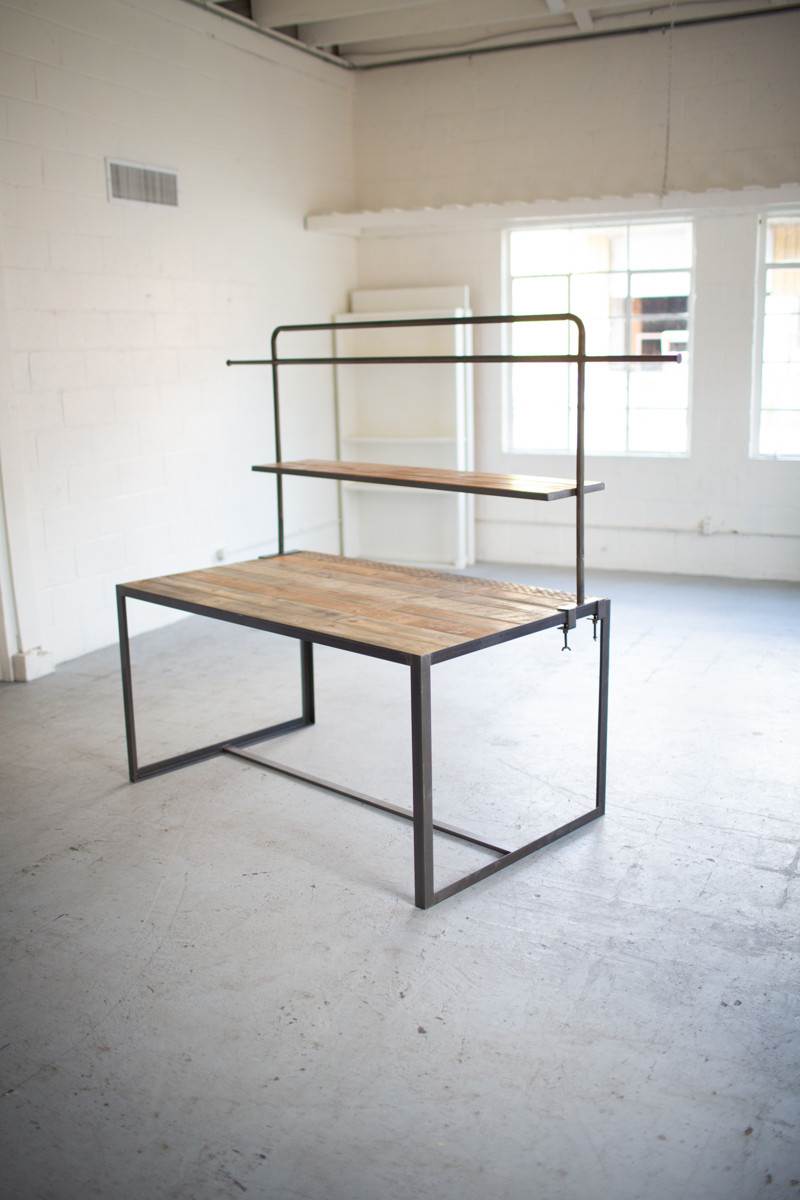 recycled wood workspace table with iron frame and shelf