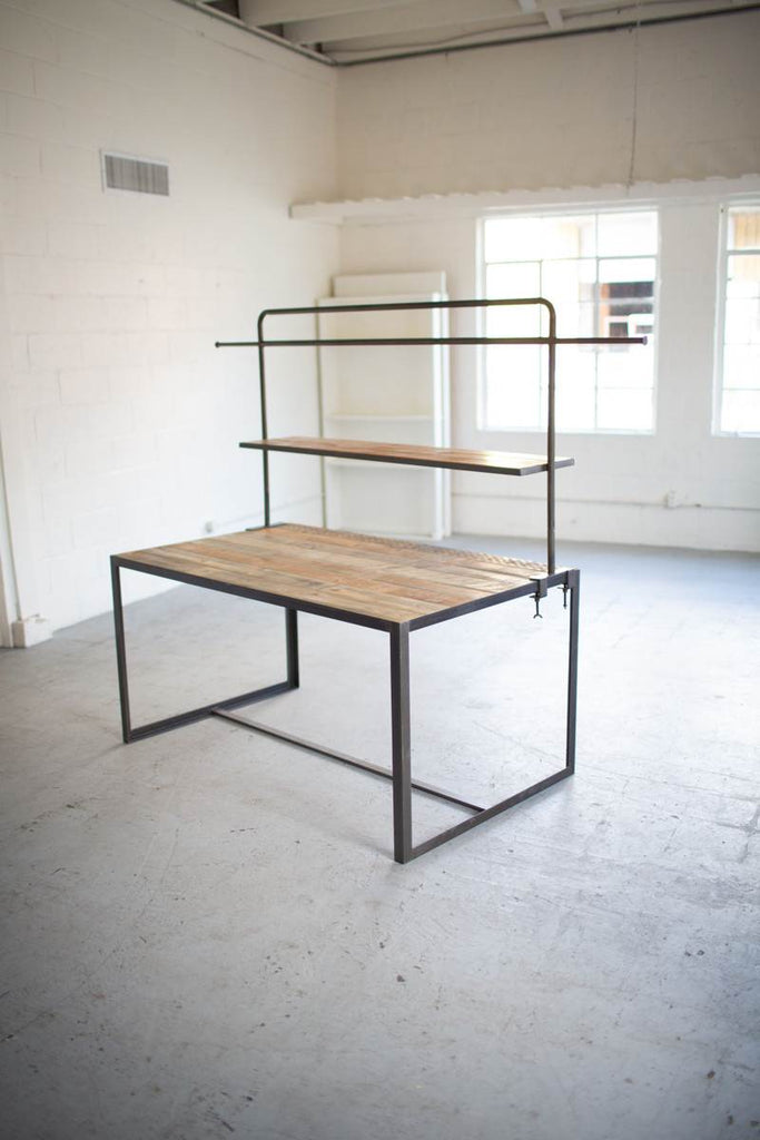recycled wood workspace table with iron frame and shelf