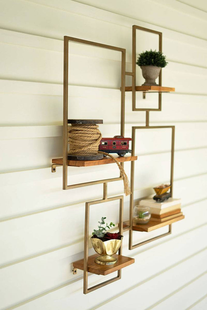 iron and wood wall unit with 4 small shelves