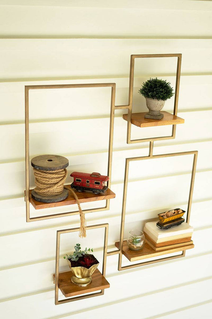 wall mounted shelving unit with four shelves at different viewing angle