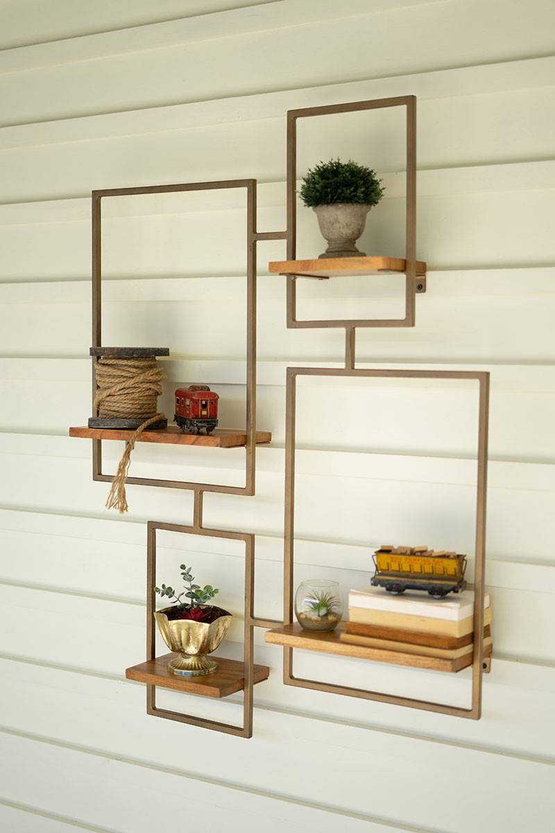 iron and wood shelving unit from another viewing angle