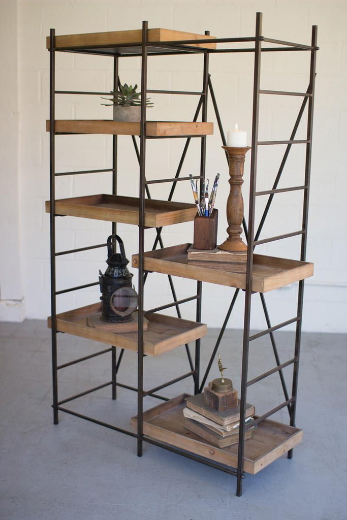 rustic multi-level metal framed scaffold with wood shelves