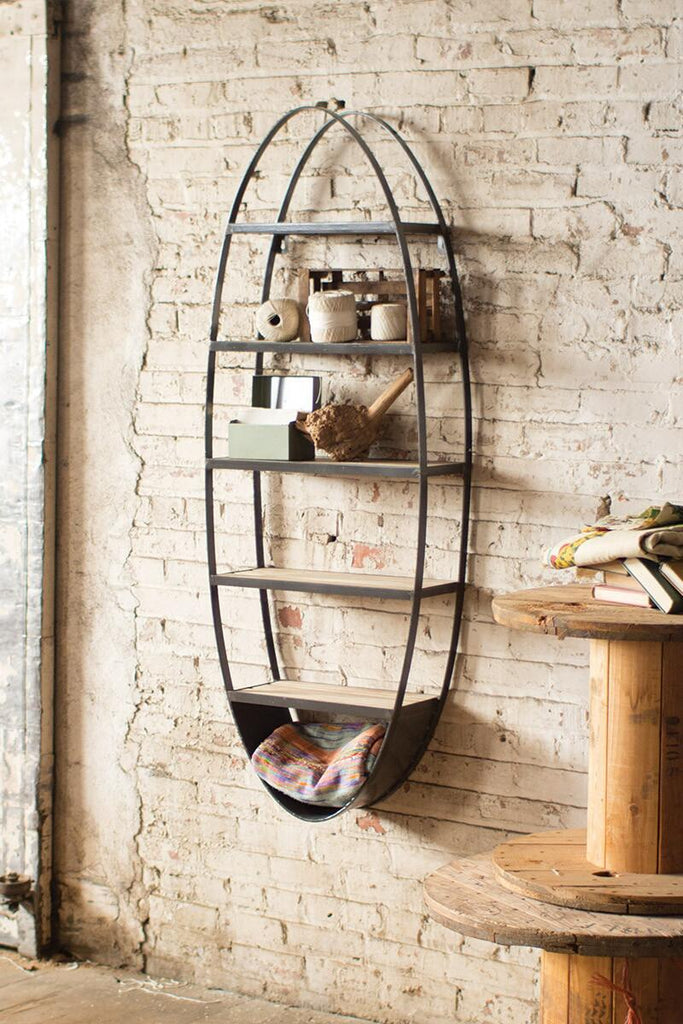 oval metal and wood wall mounted shelving unit