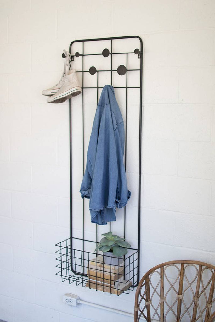 metal wall coat and hat rack with basket at bottom