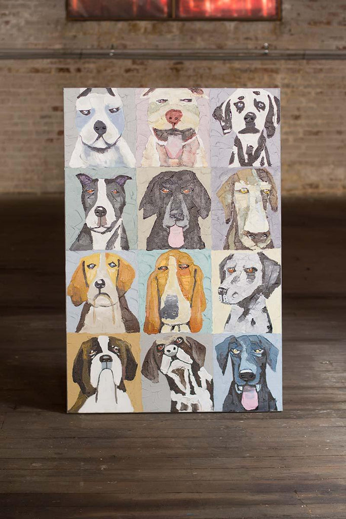 oil painting of twelve dogs emotional expressions